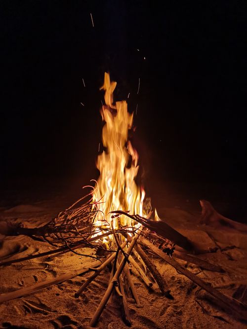 Free A mesmerizing campfire burning bright on a sandy beach at night, casting warm glows. Stock Photo