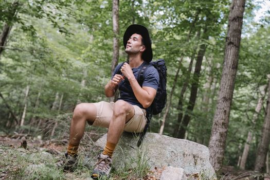 A man sits peacefully on a rock in a sunlit forest, enjoying nature and tranquility.