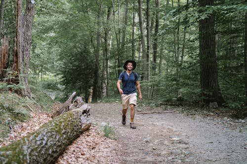 Man in Black Shirt and Shorts Walking on Forest 