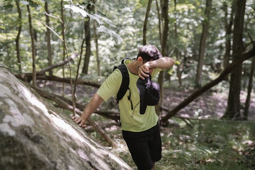 A man wearing a yellow shirt, hiking in a forest with sunlight filtering through the trees.