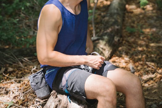 A man in a blue tank top rests on a tree log during a forest hike.