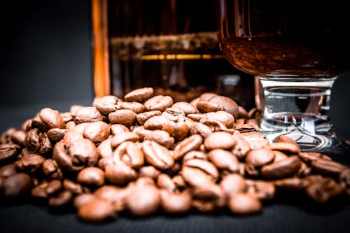 Coffee beans with glass and French press on black background