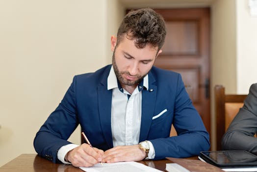 Confident businessman in a suit signing a contract at the office desk.