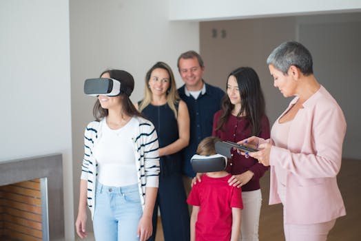A family explores a house using virtual reality technology guided by an agent.