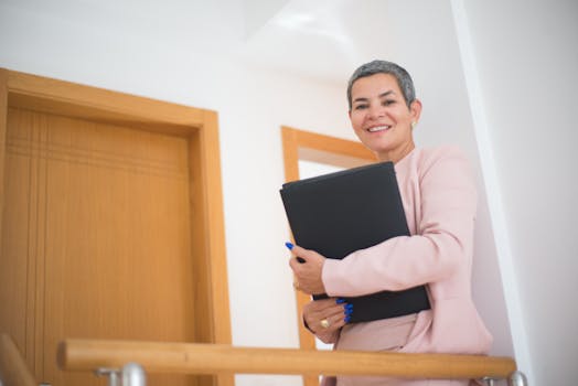 Smiling businesswoman in pink blazer holding documents, standing indoors with wooden decor.