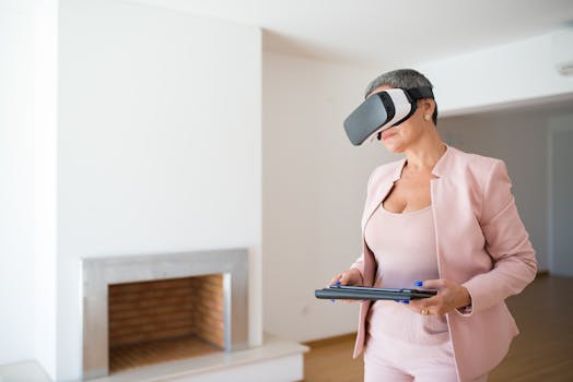 Businesswoman in pink attire using VR goggles, holding tablet indoors, showcasing modern real estate technology.