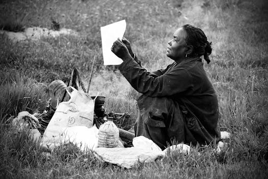 Black and white photo of a woman sitting in Khulna, reflecting while holding a paper.