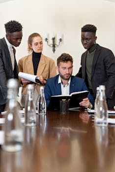A diverse group of professionals collaborating in a modern office conference room setting.