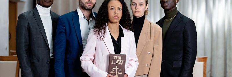 A diverse group of five lawyers posing confidently with a law book in an office setting.