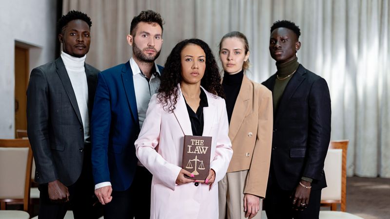 A diverse group of five lawyers posing confidently with a law book in an office setting.
