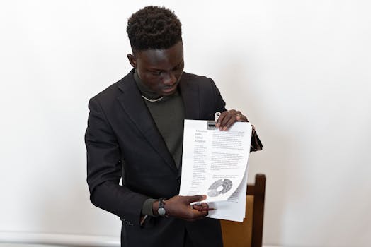 African American man in blazer presenting a report with documents, showcasing confidence and professionalism.