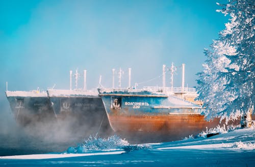 Three Large Cargo Ships Moored in Port in Winter 