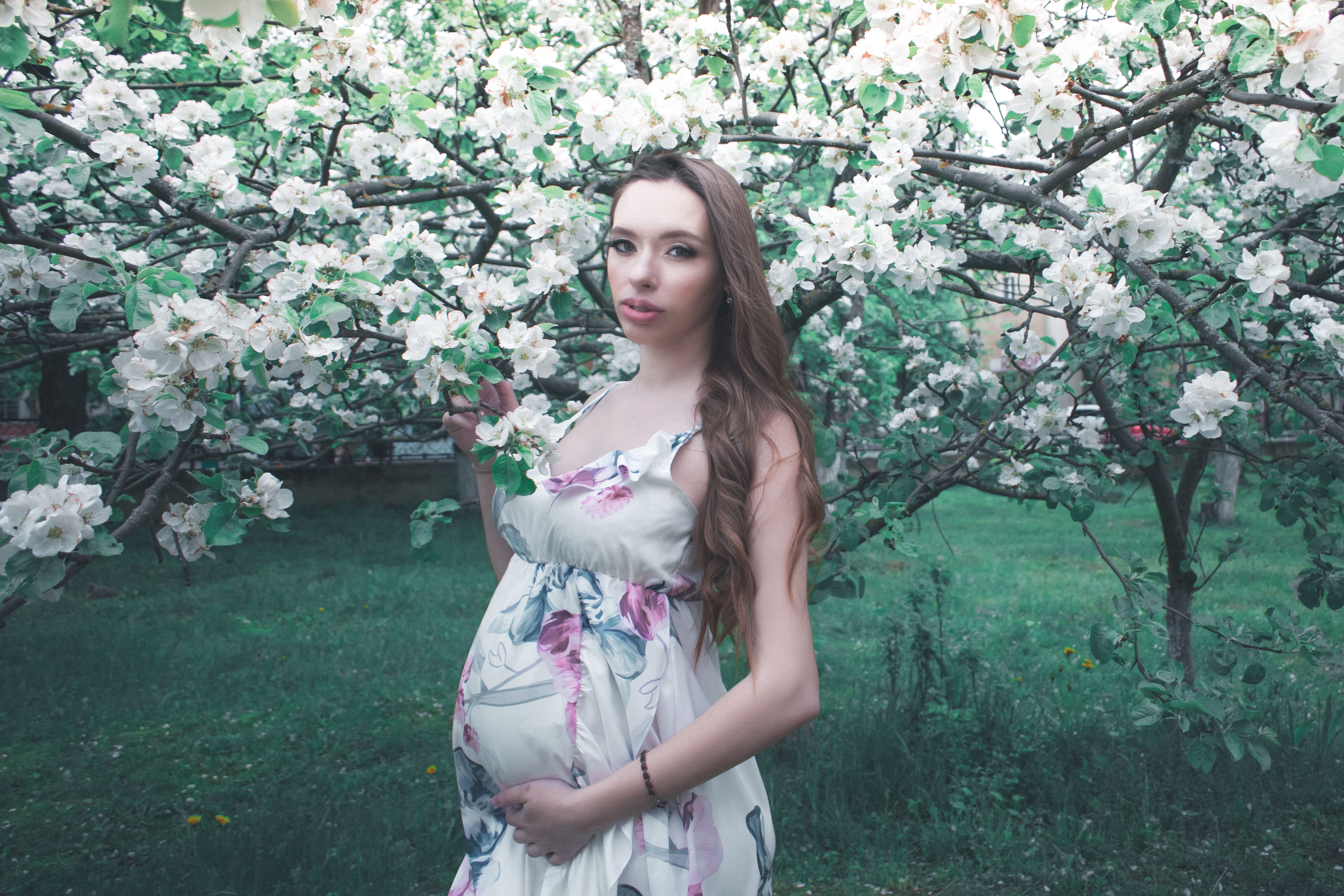 A pregnant woman in a floral dress stands among blooming cherry blossoms in a serene garden.