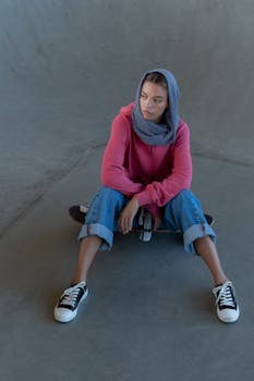 Young woman in red hoodie and hijab sitting on skateboard indoors, exuding confidence.