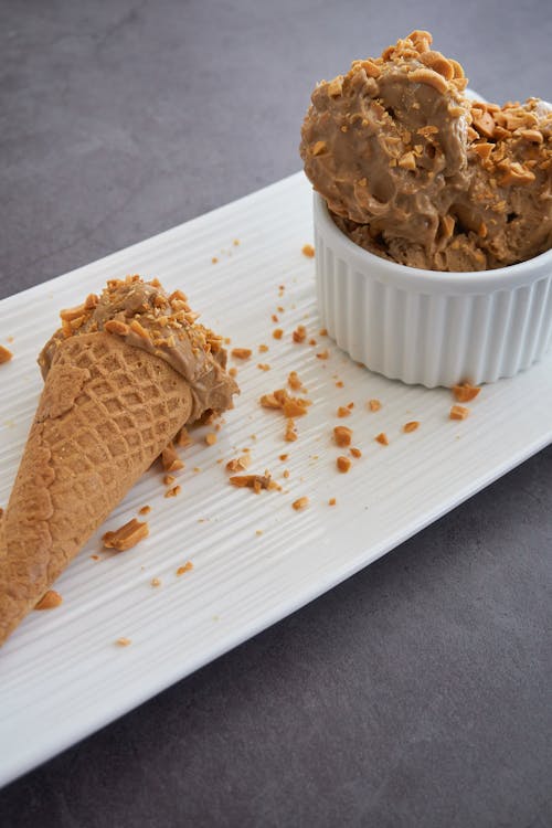 Brown Ice Cream Cone on White Ceramic Plate