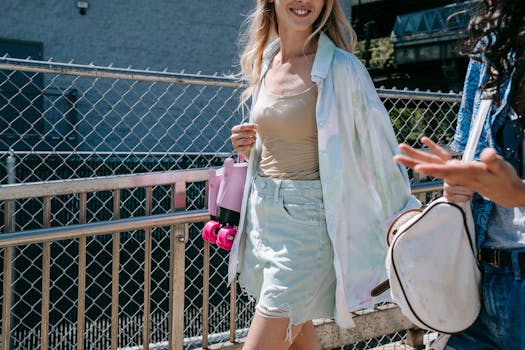 Smiling young women with a skateboard, enjoying a sunny day outdoors. Fun and friendship in casual fashion.