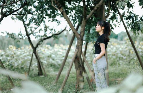 Free Asian woman standing thoughtfully among trees in a green field, displaying serene nature vibes. Stock Photo