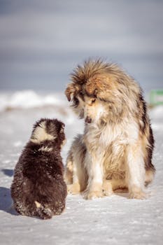 An adult dog and puppy sit together on a snow-covered ground, showcasing a heartwarming moment.