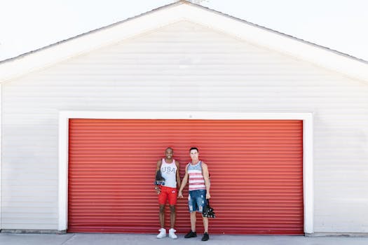 Two men standing together in front of a red garage door, embracing summer fashion.