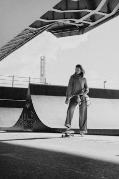 Photo by Ron Lach Black and white image of a woman skateboarding in an urban skatepark under a bridge.