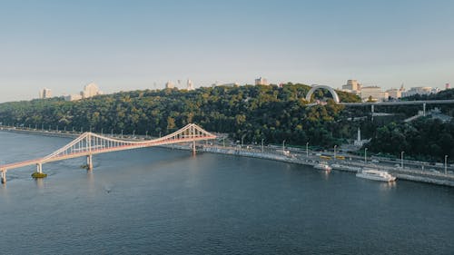 Free Pedestrian Bridge Across the Dnieper River in Kiev, Ukraine Stock Photo
