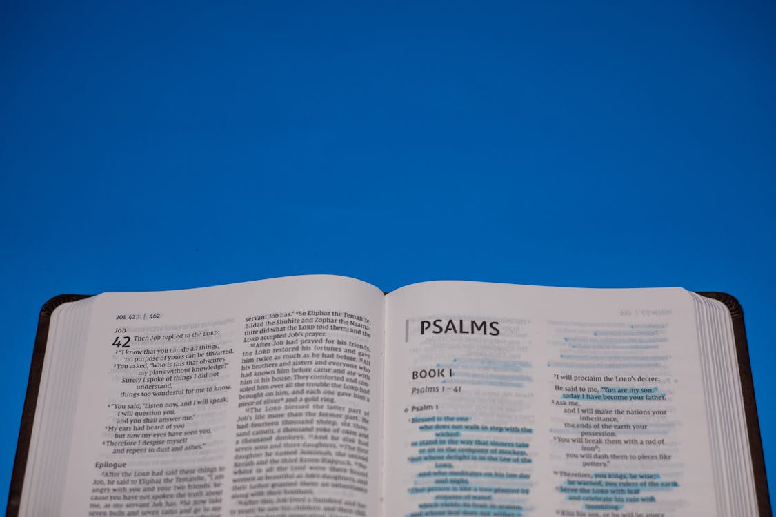 Close-Up Shot of an Open Bible on a Blue Surface