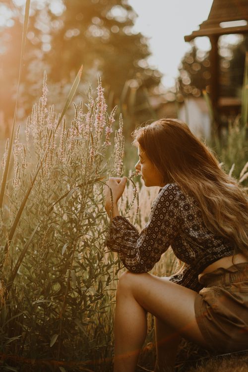 Free A young woman enjoying the scent of wildflowers in a sunlit field, creating a serene and natural scene. Stock Photo