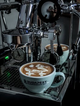 Close-up of latte art in a cup against a professional espresso machine. Perfect for coffee enthusiasts.