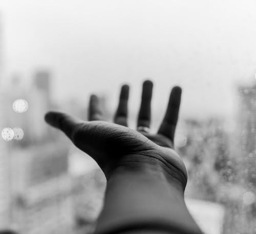 Monochrome Photo of a Person's Hand Reaching 