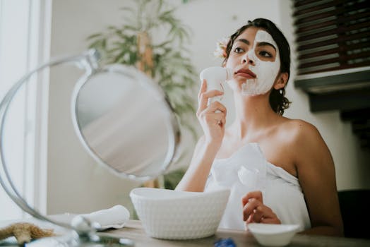 Young woman applying face mask with a facial brush indoors, enhancing skincare routine.