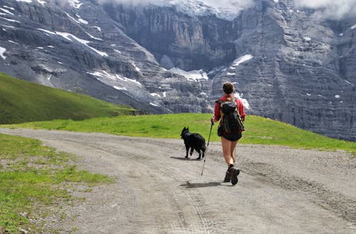 Back View Shot of a Backpacker Walking with Her Dog Near the Mountain