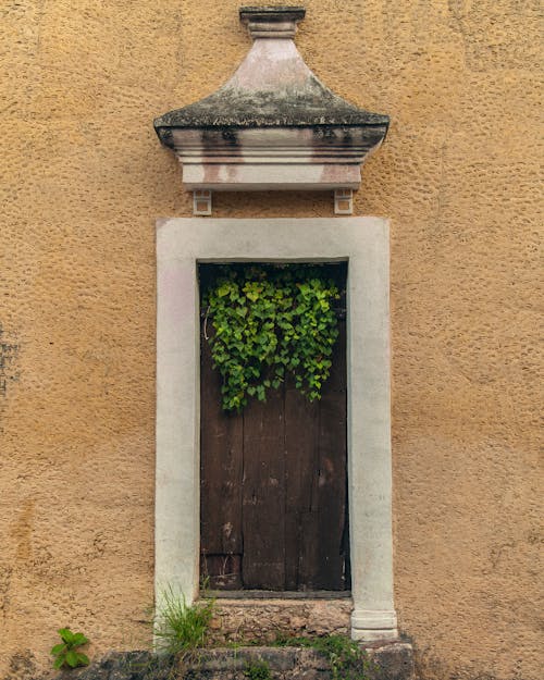 Free A Wooden Door on a Concrete Wall Stock Photo