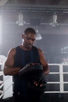 Muscular trainer holding focus mitts in a boxing ring, emphasizing strength and fitness.