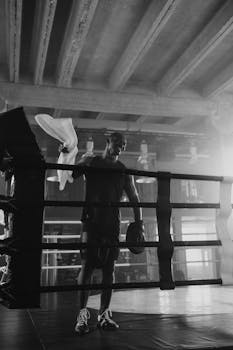 Black and white photo of a boxer in an industrial gym holding a towel.