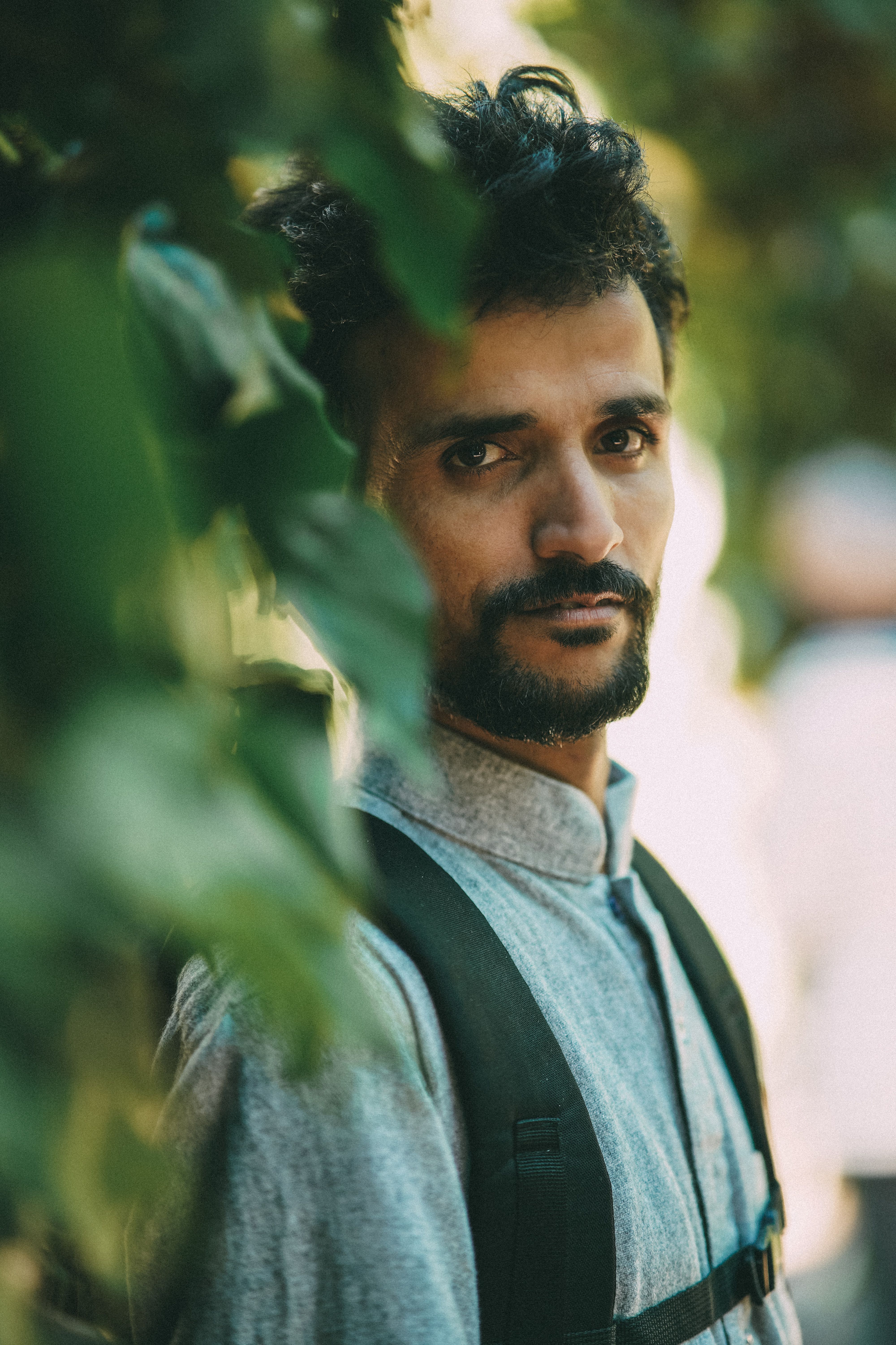 Thoughtful portrait of a South Asian man amidst lush greenery in daylight.