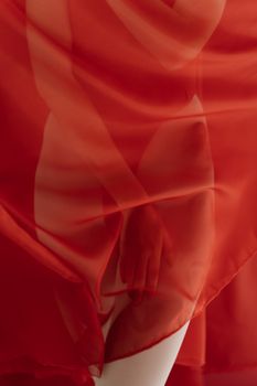 An artistic portrayal of a human figure viewed through a translucent red fabric, highlighting curves and sensuality.