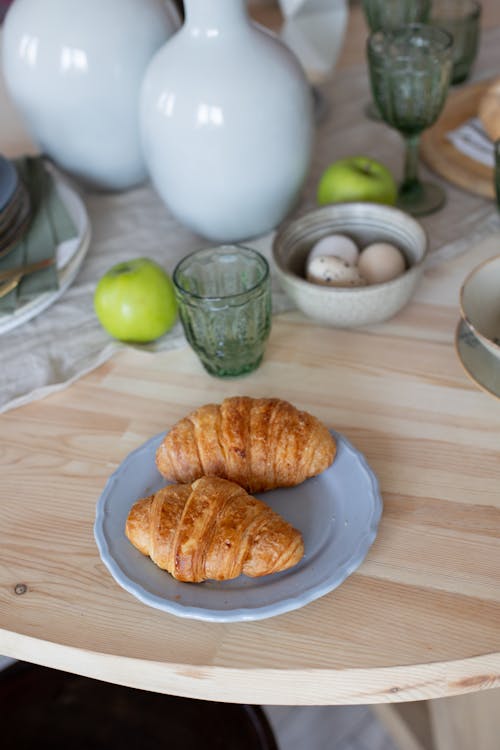 Croissants on Blue Ceramic Plate