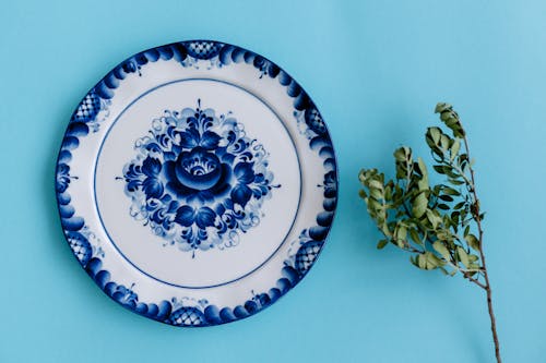 Blue and White Floral Ceramic Round Plate