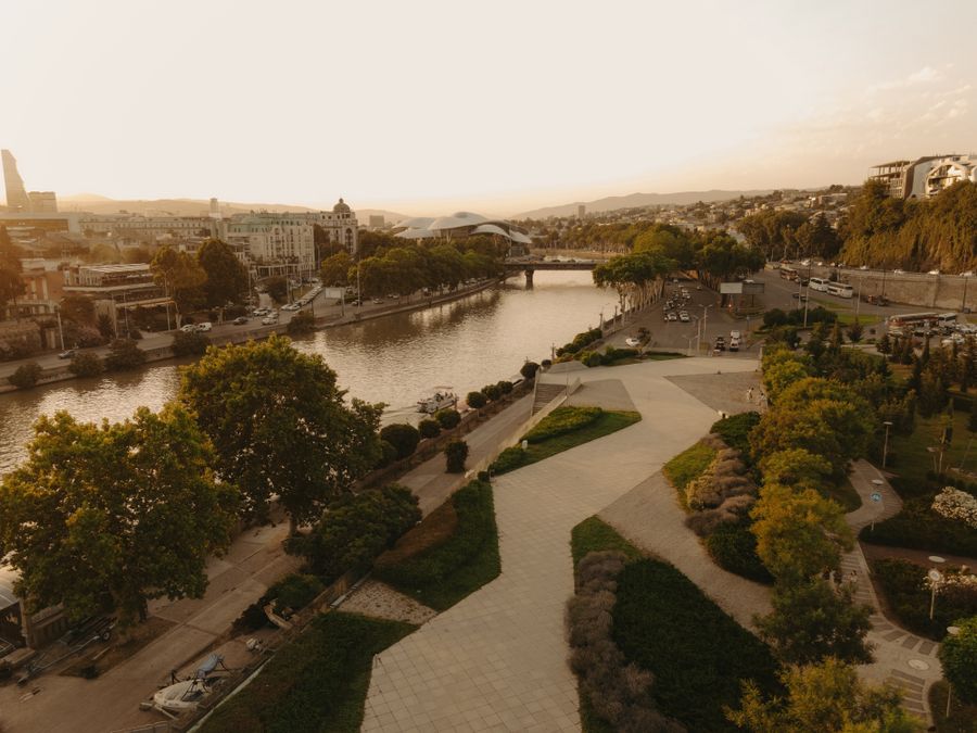 Aerial view of Tbilisi and the Mtkvari River in Georgia