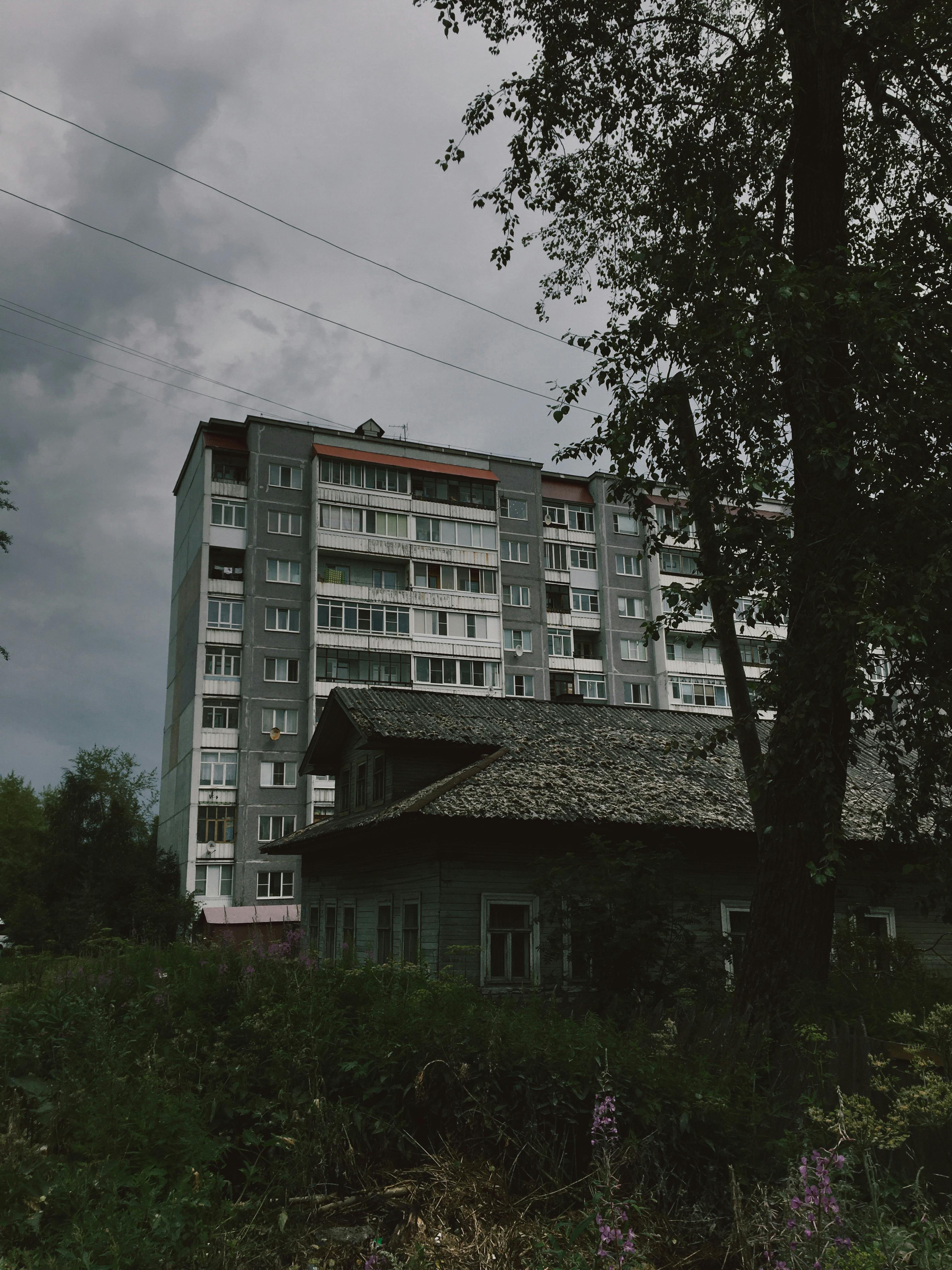Urban apartment building towers over a rustic cabin amidst greenery on an overcast day.