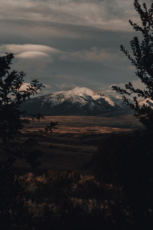 Free Majestic snow-capped mountains at dusk framed by trees, creating a serene, remote landscape. Stock Photo