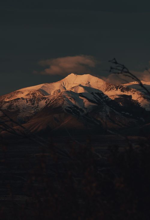 Free A dramatic view of a snow-capped mountain illuminated by dusk light, framed by tree branches. Stock Photo