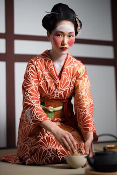 A woman in kimono performing a traditional Japanese tea ceremony indoors.