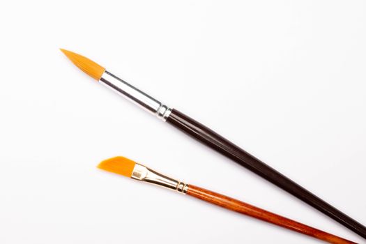 High-quality close-up of two artist paintbrushes with clean white background.
