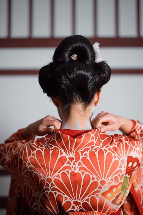 Woman Wearing Red Floral Kimono 