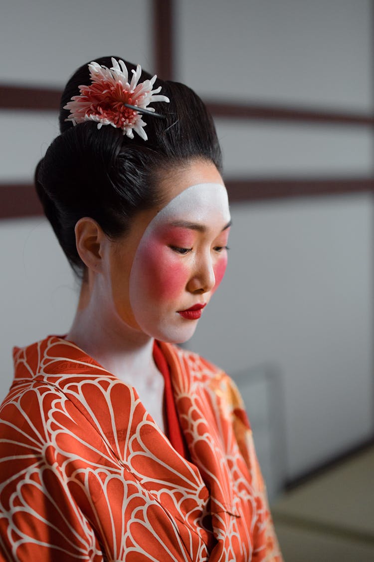 Geisha In Red And White Floral Kimono 