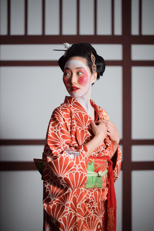  Woman in Red and White Floral Kimono 