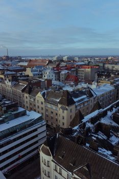 Captivating aerial view of Helsinki cityscape during winter, showcasing historic architecture.