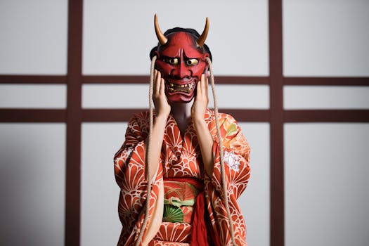 Person in a traditional Japanese kimono wearing a red Hannya mask with horns.