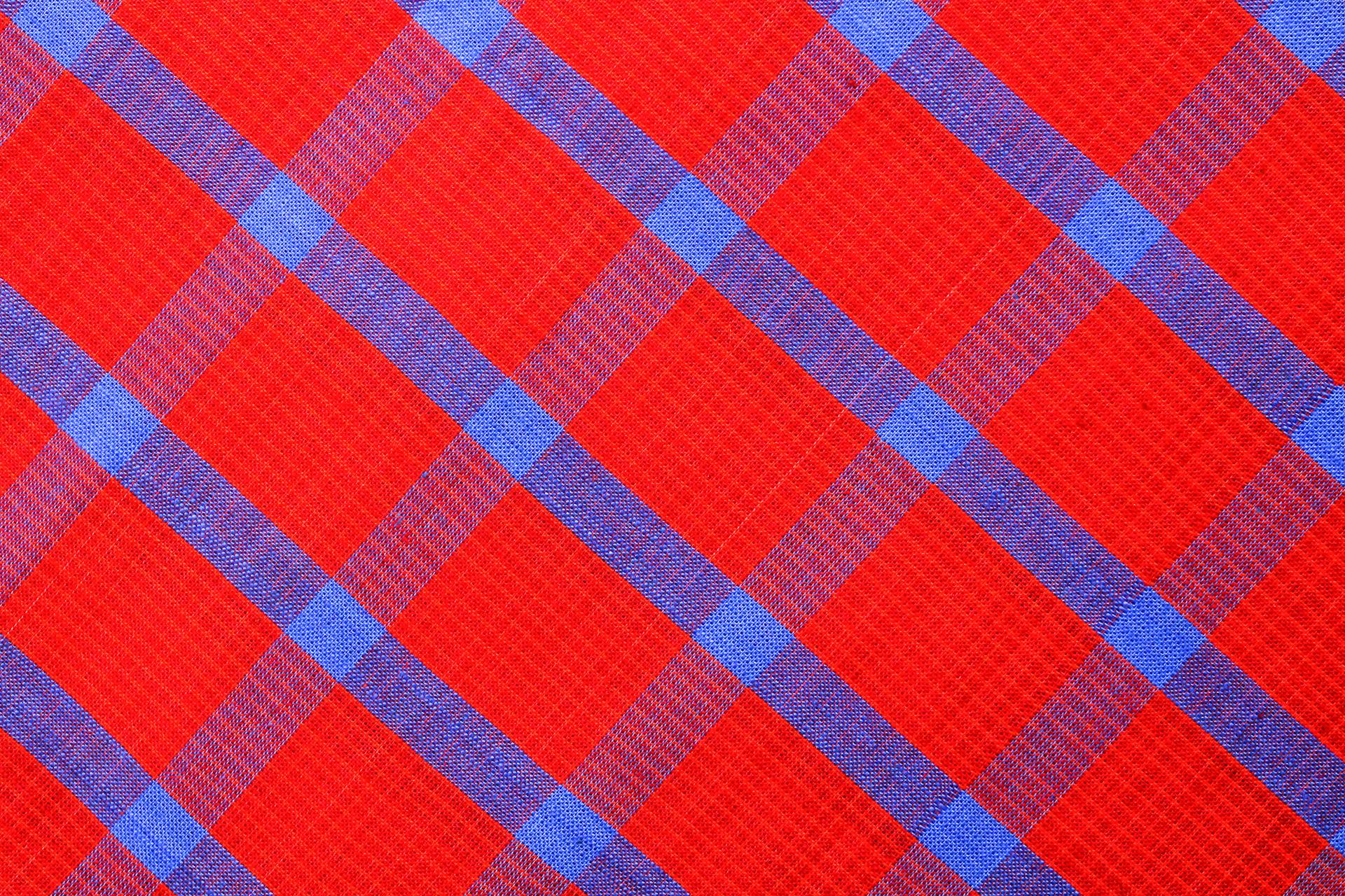 Close-up of a red and blue plaid fabric showcasing geometric patterns and textures.